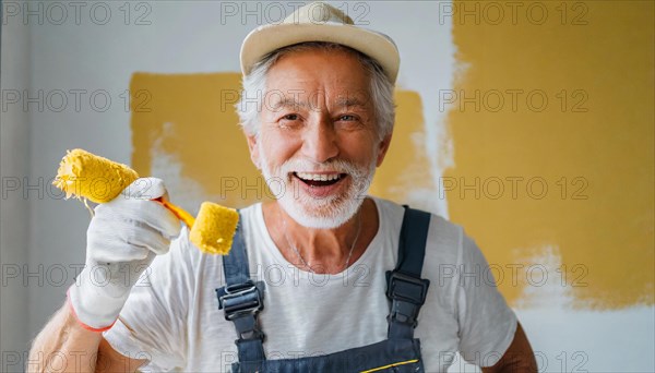 AI generated, man, men, a painter paints a wall with new yellow paint, father, renovation of old flat, paint roller, ladder, yellow, paint, 65, years, a, person, occupation, occupations, pastime, family, senior, seniors, smiling, smiling, fun at work, laughing, laughing, laughing