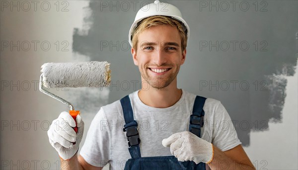 AI generated, man, men, a painter paints a wall with new grey paint, father, renovation of old flat, paint roller, ladder, grey, grey, paint, 25, 30, years, a, person, occupation, occupations, leisure activity, family, smiles, smiling, fun at work, laughing, laughing, laughing, friend, partner, man