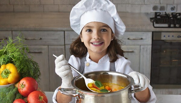 AI generated, human, humans, person, persons, child, children, 8 year old girl cooking a vegetable soup in a white kitchen, chef's hat, smock, cute, cute, cute, beautiful eyes, beautiful teeth, cook, cook, kitchen table, vegetables, onions, garlic