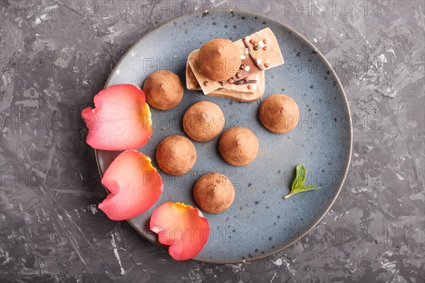 Chocolate truffle on blue ceramic plate decorated with rose petals on black concrete background. close up, top view