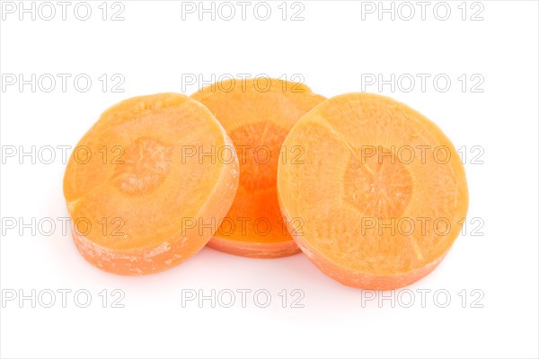 Carrot slices isolated on white background. top view, flat lay, close up, macro