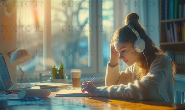 Focused young woman with headphones studying at a desk in a warmly lit room AI generated
