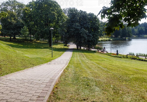 A forest park with large trees and creative benches and arches. Druskinikai, Lithuania, Europe