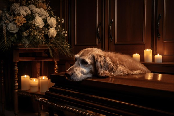 Grieving dog lying on coffin of dead owner. KI generiert, generiert AI generated