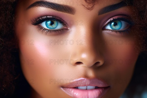 Close up of african american woman with unusual light blue eyes. KI generiert, generiert AI generated