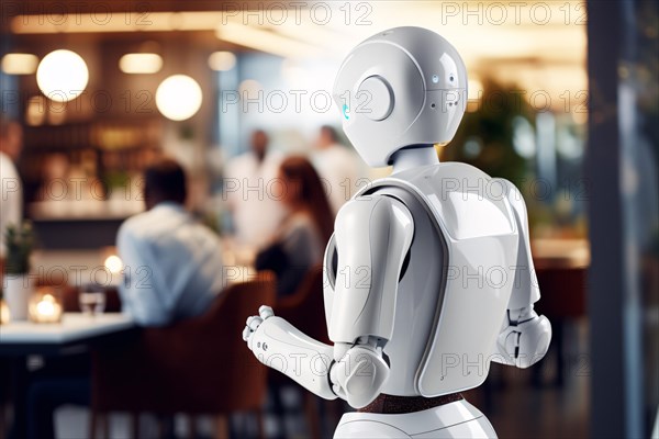 Artifical intelligence android robot working as waiter in restaurant. KI generiert, generiert AI generated