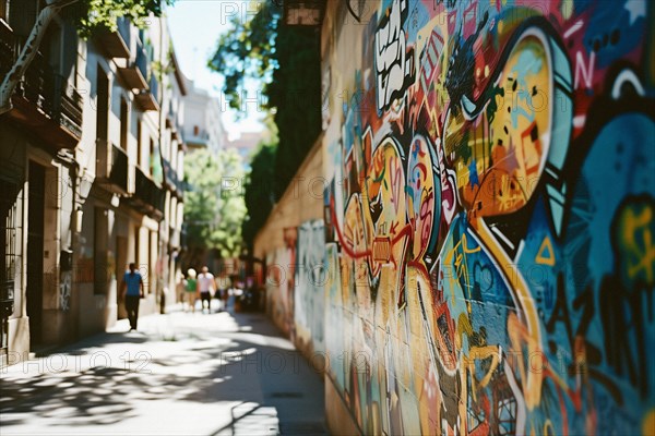 Street art with graffiti on the streets of the Born neighborhood in the center of Barcelona in Spain, AI generated