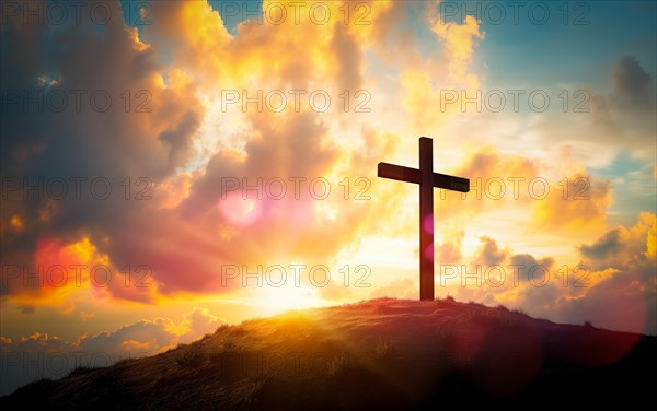 Easter concept cross on Golgotha Calvary hill against a dramatic sunset, AI generated