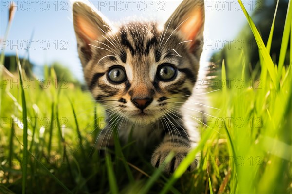 Playful Cute Kitten outdoors in Sunlit Grass. Kitten excitement and wonder as it explores the natural environment on a sunny day, AI generated