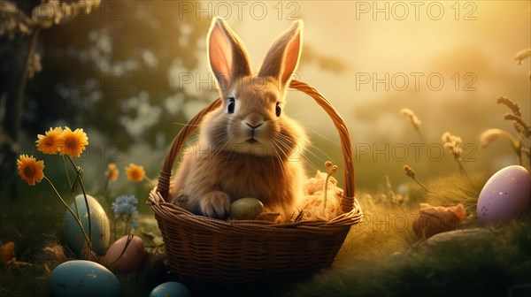 Cute Easter bunny sits beside a basket filled with colorful, decorated eggs amidst a vibrant green field under the bright, sunny sky. The festive spirit of Easter and the joy of nature, AI generated