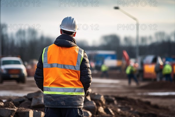 Back view of worker in orange safety vest and helmet overseeing construction site. KI generiert, generiert AI generated