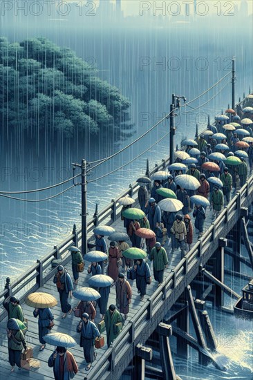Foggy atmosphere as crowded group of communters and people with umbrellas in a sudden rain, cross a bridge in a cityscape, japaneses themed style art, AI generated