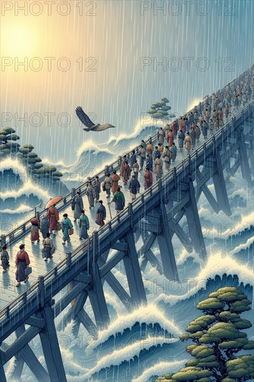 A serene scene with people under umbrellas on a bridge in the rain with an eagle flying by, AI generated
