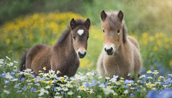 KI generated, animal, animals, mammal, mammals, biotope, habitat, two, flower meadow, foraging, wildlife, meadow, pasture, Exmoor pony, horse, horses, ungulates, English pony breed, South West England, Exmoor, (Equus ferus caballus), foal