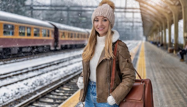 AI generated, A young blonde woman wants to travel and waits for the train at the station, 20, 25, blonde, blond, blonde, modern, modern, handbag, leather jacket, boots, sexy, attractive, attractive, long-haired, transport, traffic