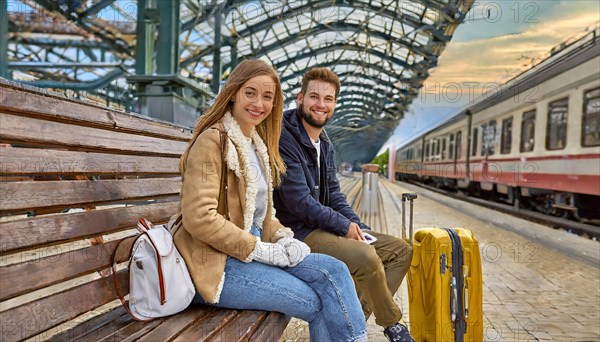 AI generated, A young couple wants to travel and is waiting for the train at the station, 20, 25, blond, blonde, modern, modern, handbag, fur jacket, boots, sexy, attractive, attractive, long-haired, transport, traffic