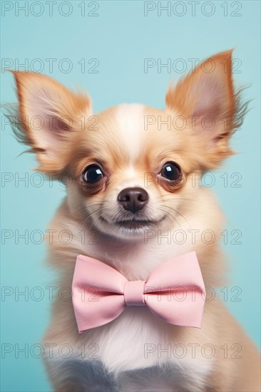 Cute cream colored Chihuahua dog with pink bow tie on blue background. KI generiert, generiert AI generated