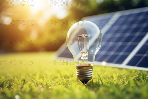 Electric light bulb on grass with photovoltaic solar panel in background. Renewable energy concept. KI generiert, generiert AI generated