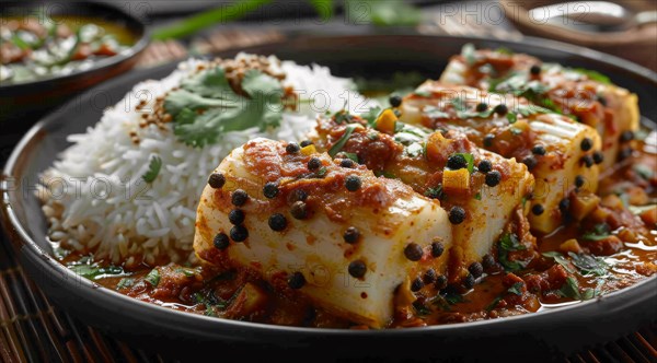 Paneer pieces served with spicy curry and basmati rice garnished with cilantro on a black plate, ai generated, AI generated