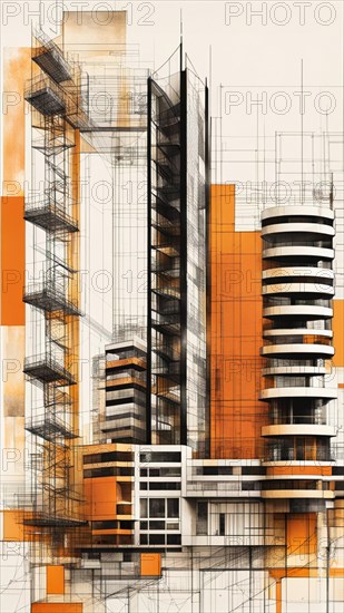 A vertical abstract piece with architectural blueprint features in brown and orange tones, vertical aspect ratio, off white background color AI generated