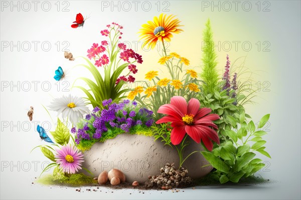 Illustrated vibrant garden scene with colorful flowers and fluttering butterflies, Spring garden background illustration, generated ai, AI generated