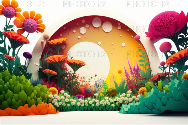 Colorful 3D illustrated abstract garden with a paper art style and variety of flowers, Spring garden background illustration, generated ai, AI generated