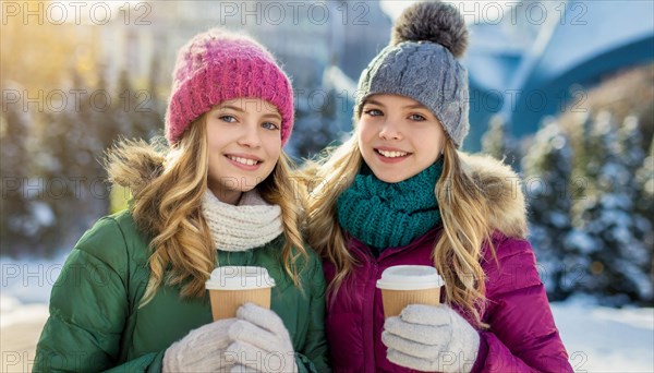 AI generates, human, humans, person, persons, child, children, girl, two, 15, years, outdoor, ice, snow, winter, seasons, drinks, drinking, coffee to go, coffee, cup, paper cup, hot drink, cap, bobble hat, gloves, winter jacket, cold, coldness