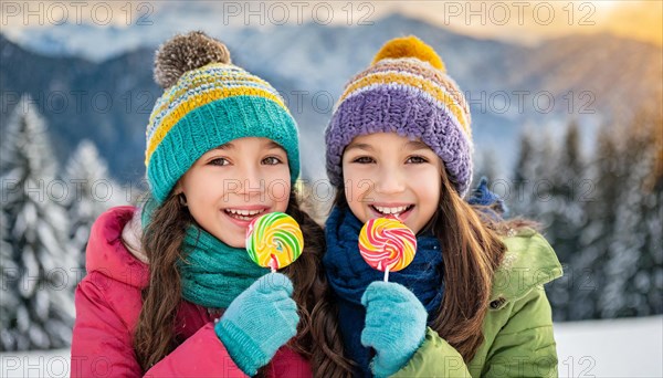 AI generated, Two little girls are happy about a lolly, lollipop, human, people, person, persons, child, children, 10, years, two, outdoor, ice, snow, winter, seasons, eats, eating, hat, bobble hat, gloves, winter jacket, cold, coldness