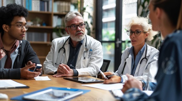 Medical staff engaged in a collaborative discussion with paperwork on the table, ai generated, AI generated