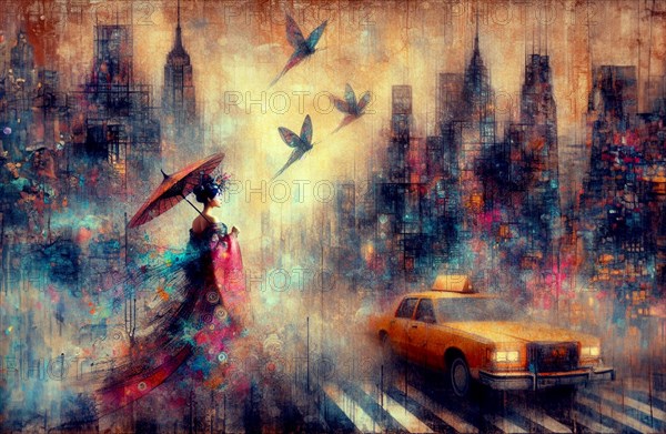 Dreamy cityscape featuring a woman in a Japanese robe near a taxi with birds flying, japanese themed shunga style based, AI Generated, AI generated