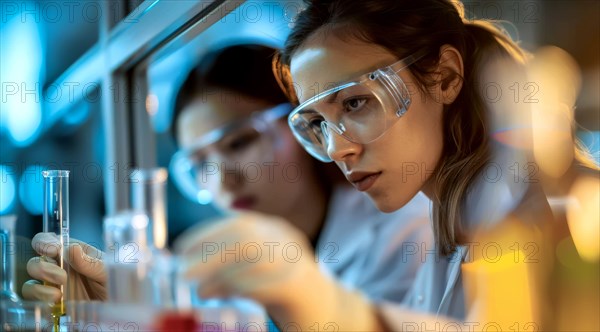 Lab assistant engaged in an experiment with various glassware, ai generated, AI generated