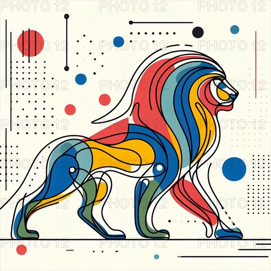 Colorful abstract geometric design of a lion in motion, continuous line art, creature is stylized and simplified to the most basic geometric forms, exaggerated features, adorned with splashes of primary colors, clean white solid background, with subtle geometric shapes and thin, straight lines that intersect with dotted nodes and overlap the figures. The overall aesthetic is modern and contemporary, AI generated