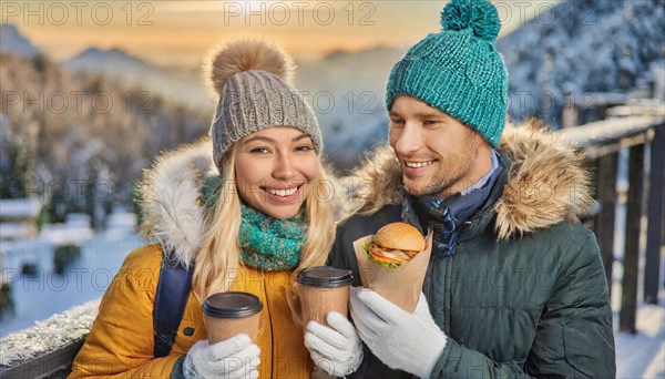 AI generated, human, humans, person, persons, man, woman, woman, two persons, 25, 30, years, couple, outdoor, ice, snow, winter, seasons, eats, eating, hat, bobble hat, gloves, winter jacket, cold, cold, burger, hamburger