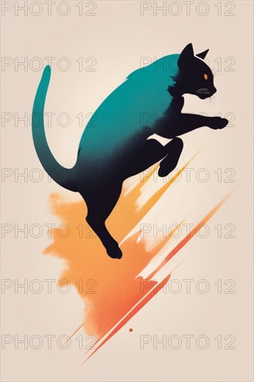 Artistic rendering of a cat mid-leap with orange motion accents, minimalist vintage design muted faded, bright background, AI Generated, AI generated