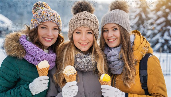 AI generated, human, humans, person, persons, woman, woman, three, 20, 25, years, outdoor, ice, snow, winter, seasons, eats, eating, ice cream, waffle ice cream, waffle, Italian ice cream, cap, bobble hat, gloves, winter jacket, cold, coldness