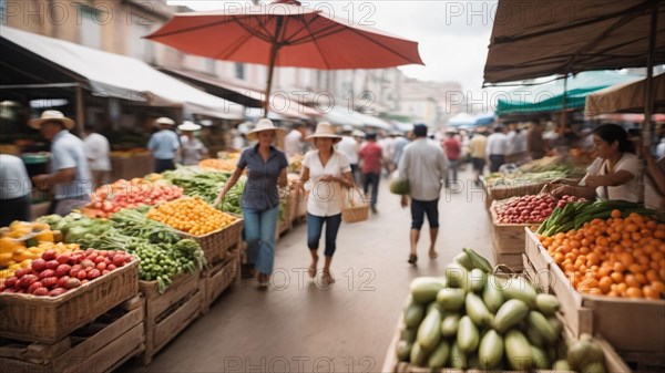 Busy outdoor market vendor stalls with fresh vegetables and fruit produce, shoppers walking, a sunny day, AI generated