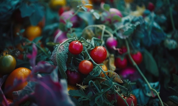 Tomatoes background. Top view of different varieties of tomatoes. Vegetables background. AI generated