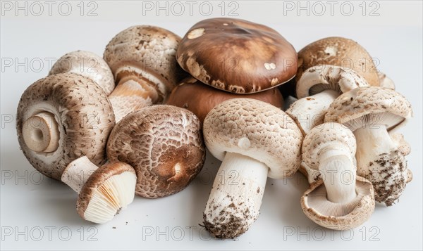 Shiitake mushrooms on a white background, close-up. AI generated