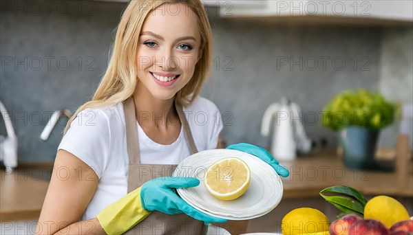 AI generated, woman, woman, 30, 35, blonde, blond, blonde, kitchen, sink, kitchen table, dishes, washing up, washing dishes, plates, cups, glasses, dishcloth, gloves, cleaning, water, polishing cloth, polishing, clean, cleanliness, housewife, mother, family