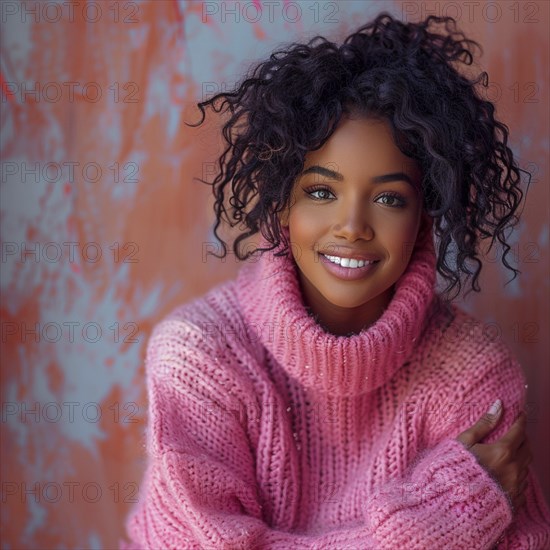 Portrait of a happy woman standing in front of a colored background with a trendy sweater smiling, AI generated