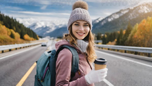 AI generated, human, humans, person, persons, woman, woman, one person, 20, 25, years, outdoor, seasons, cap, bobble hat, gloves, winter jacket, cold, cold, backpack, woman wants to travel, hitchhiking, hitchhiking, hitchhiking, road, motorway, coffee to go in hand, coffee, drink