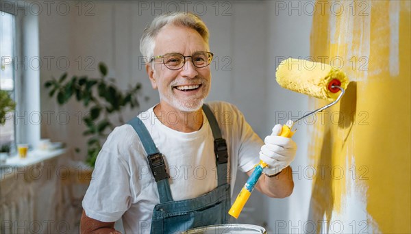 AI generated, man, men, a painter paints a wall with new yellow paint, father, renovation of old flat, paint roller, ladder, yellow, paint, 65, years, a, person, occupation, occupations, pastime, family, senior, seniors, smiling, smiling, fun at work, laughing, laughing, laughing