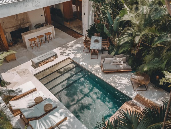 A serene courtyard with tropical plants, stone tiles, and comfortable outdoor furniture bathed in sunlight, Playa del Carmen beach in Mexico, AI generated