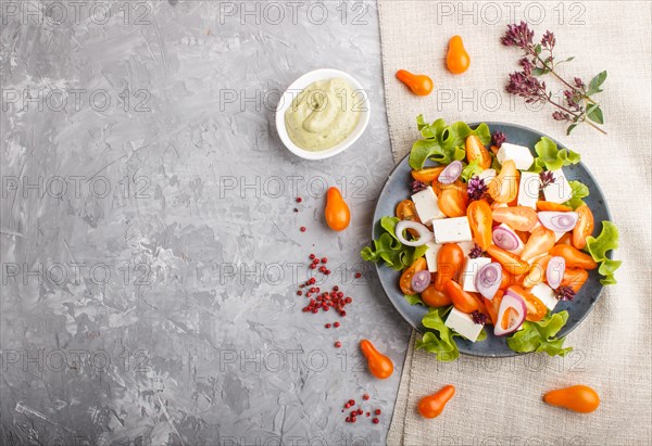 Vegetarian salad with fresh grape tomatoes, feta cheese, lettuce and onion on blue ceramic plate on gray concrete background and linen textile. top view, copy space, flat lay