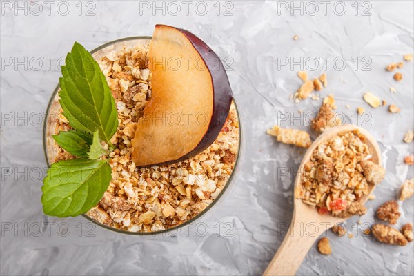 Yoghurt with plum, chia seeds and granola in a glass and wooden spoon on gray concrete background. top view, flat lay, close up