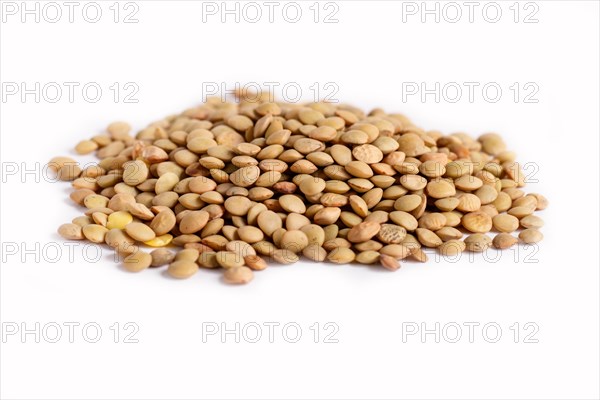 Pile of green lentils isolated on white background. Closeup