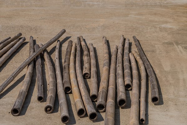 Weathered cracked bamboo poles laying on concrete driveway in South Korea