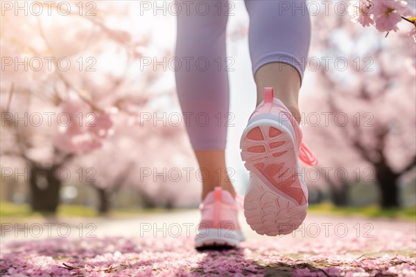 Back view of woman's feet with pink sneakers jogging through park with cherry blossom flowers in spring. KI generiert, generiert AI generated