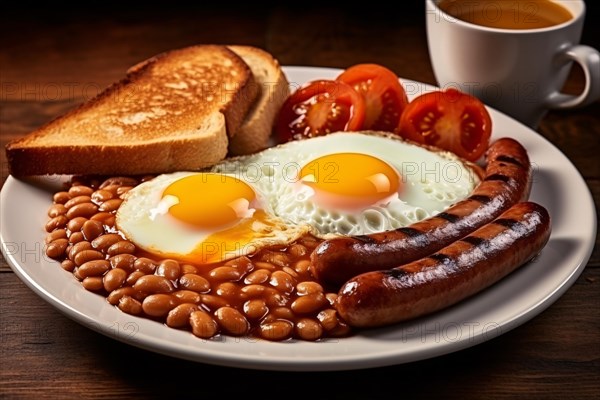 Full English breakfast with plate with baked beans, fried eggs, sausages and bread. KI generiert, generiert AI generated