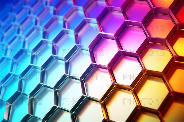 Metallic honeycomb pattern illuminated with vibrant gradient colors abstract background, AI generated